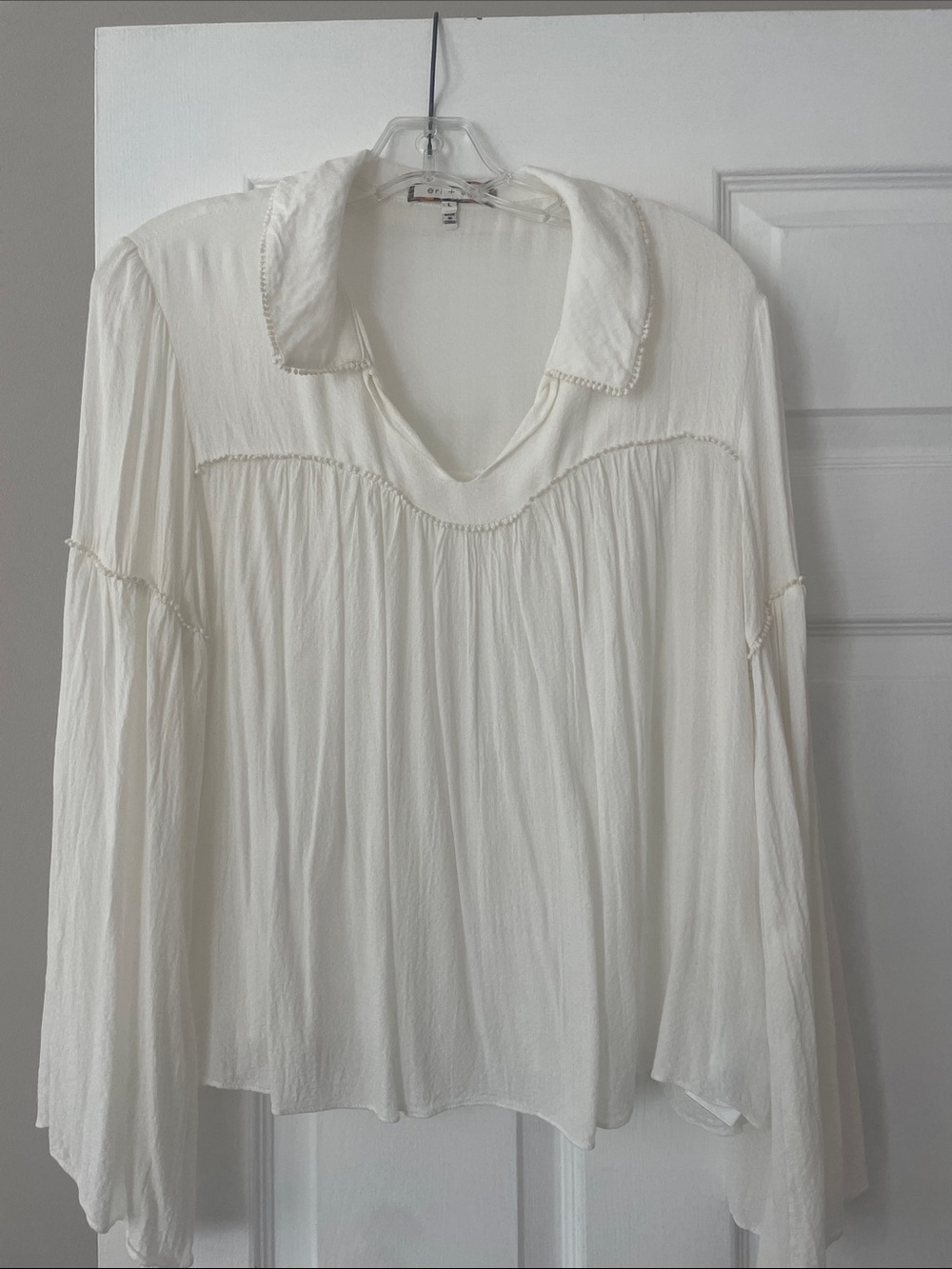 Light Cream V-Neck Peasant Blouse with Collar